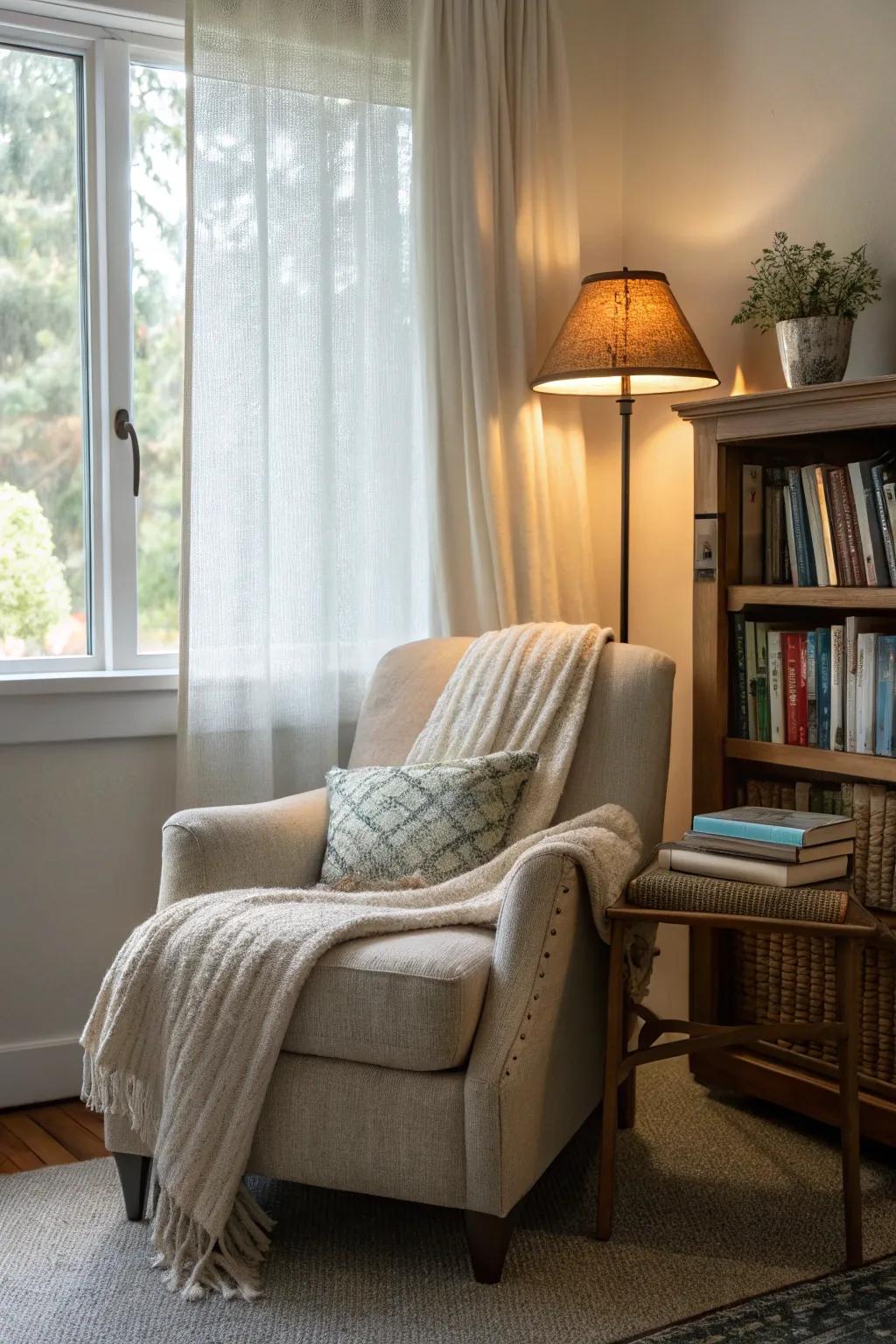 A cozy reading nook provides a peaceful retreat.