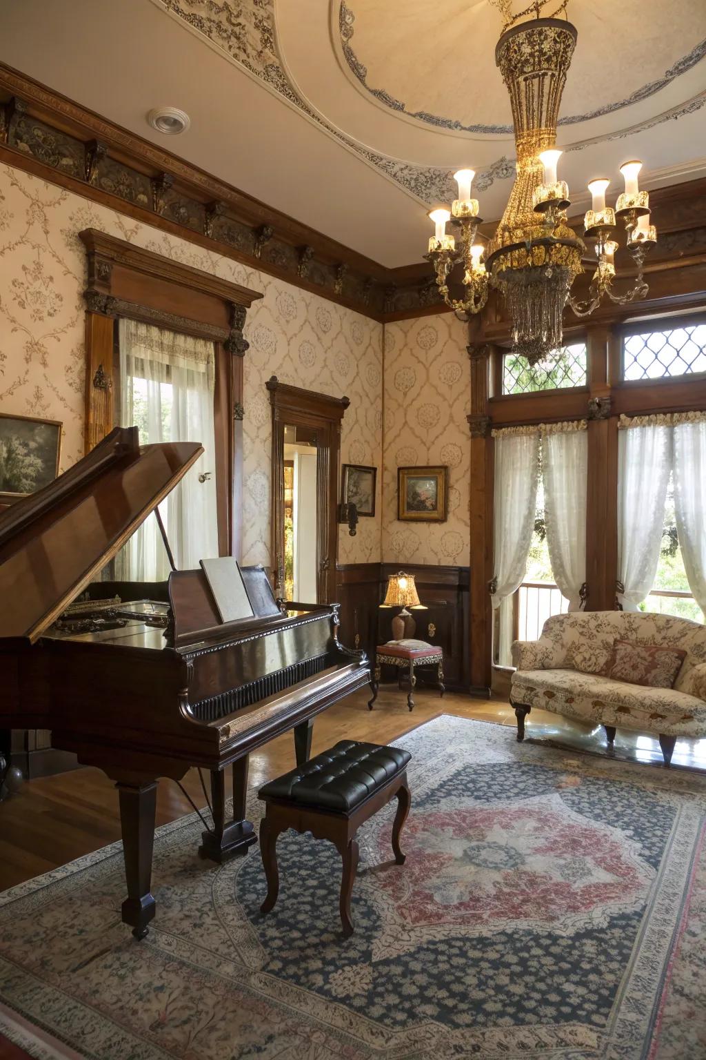 A grand piano introduces a hint of sophistication and flair to the living room.