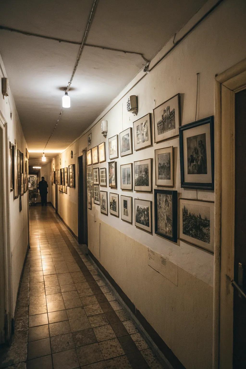 A gallery of old photographs imparts a sentimental feel to the hallway.