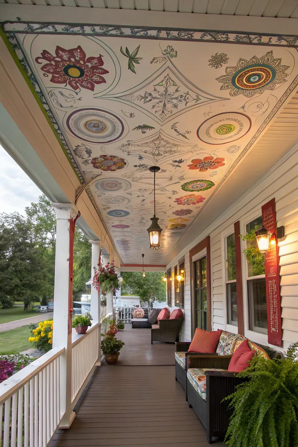 Integrated art on vinyl canopies transforms your porch into an outdoor gallery.