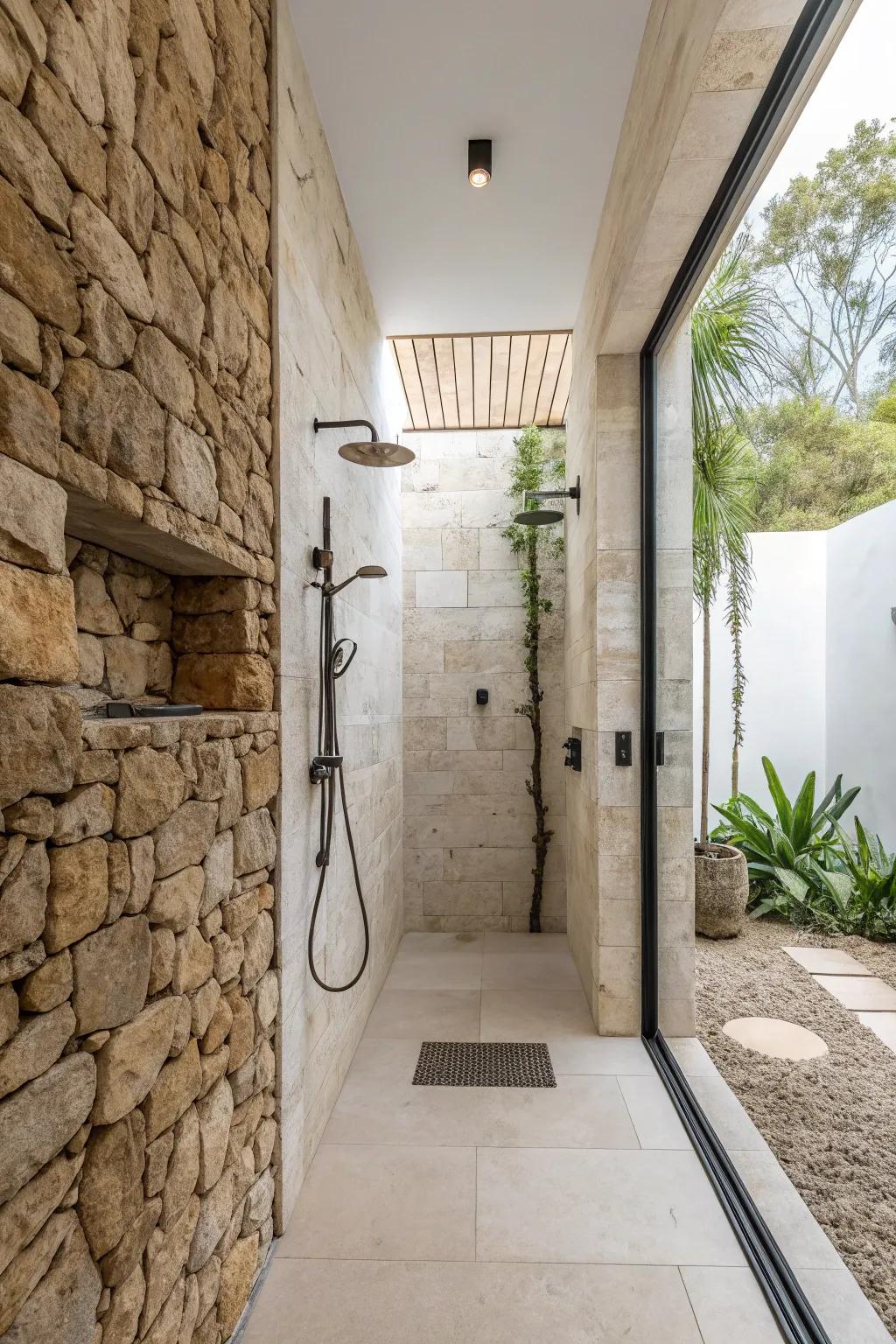 Shower with natural rock dividers and open design.