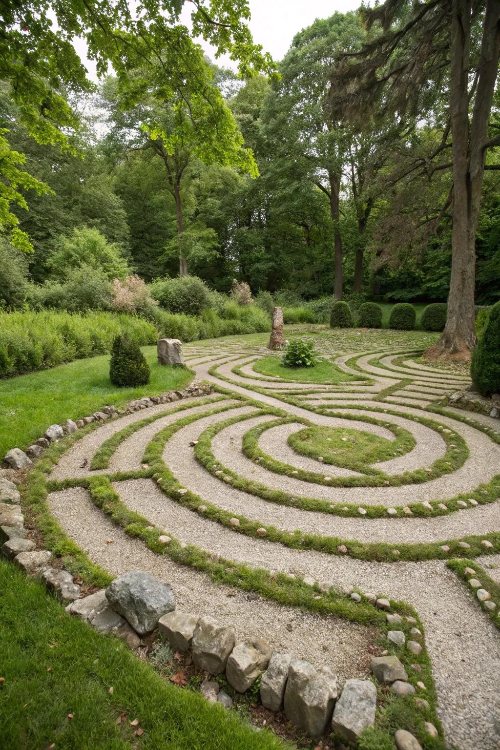 A crushed rock and turf labyrinth furnishes a textural strolling journey.