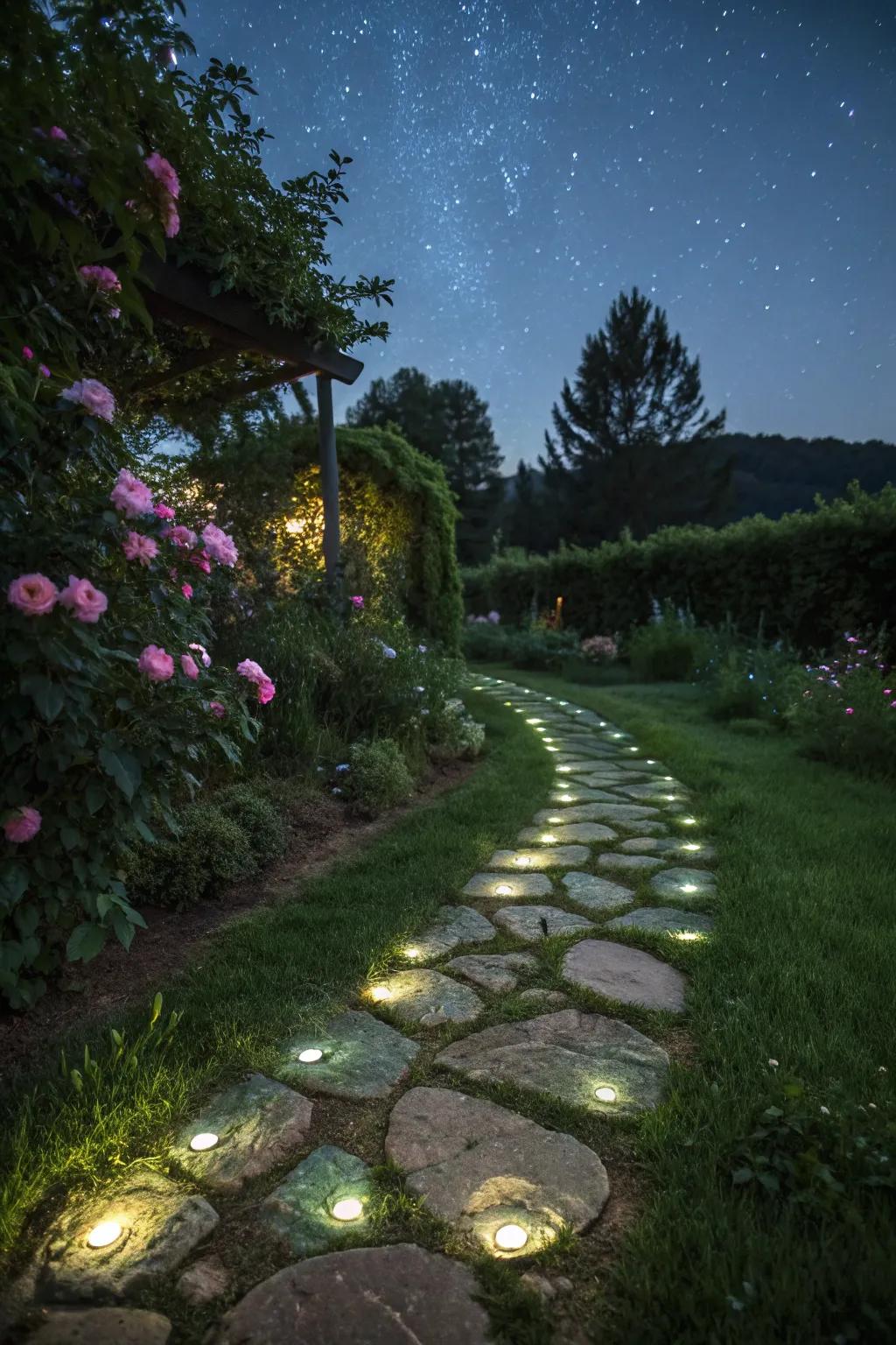 Radiant paths contribute magic to nighttime gardens.