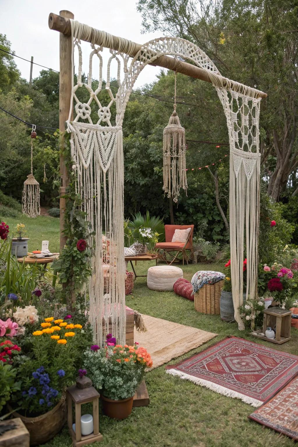 Macramé archways introduce a dash of bohemian bliss and creativity to gardens.
