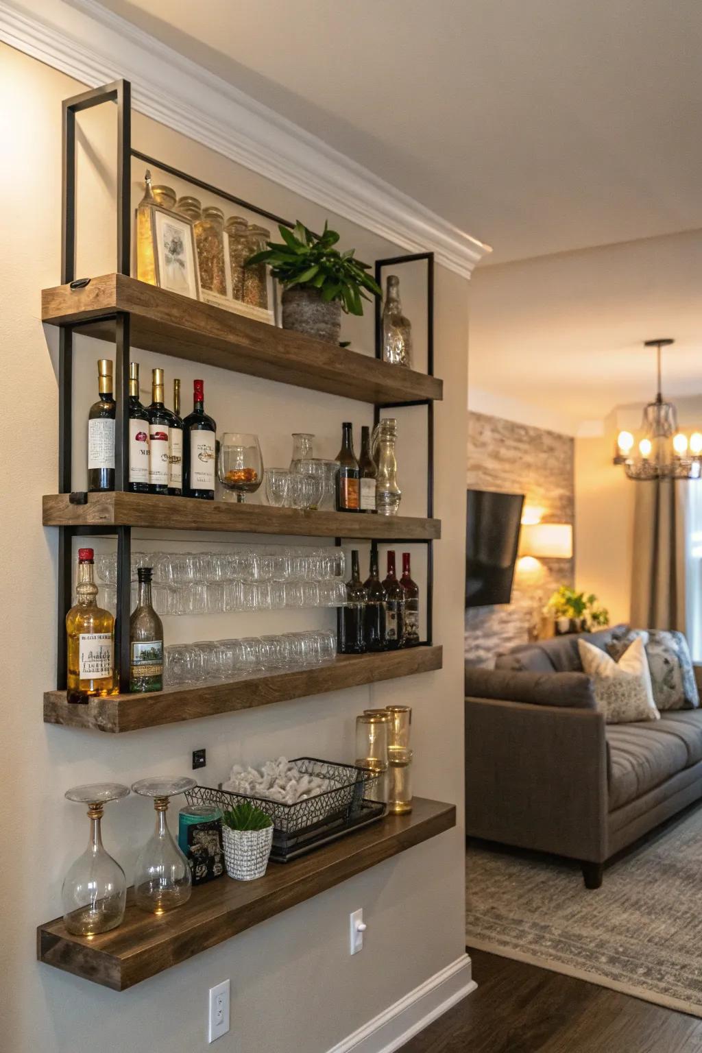 A bar wall makes entertaining both stylish and convenient.
