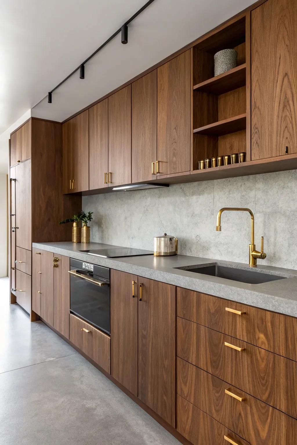 Uncommon material combinations create a standout walnut cooking area.
