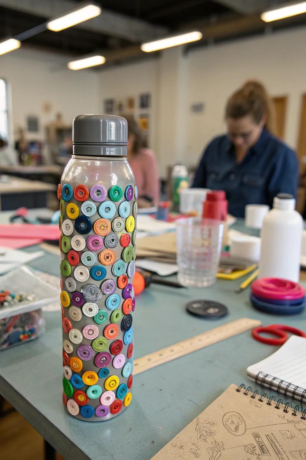 A whimsical drinking bottle embellished with colorful buttons.
