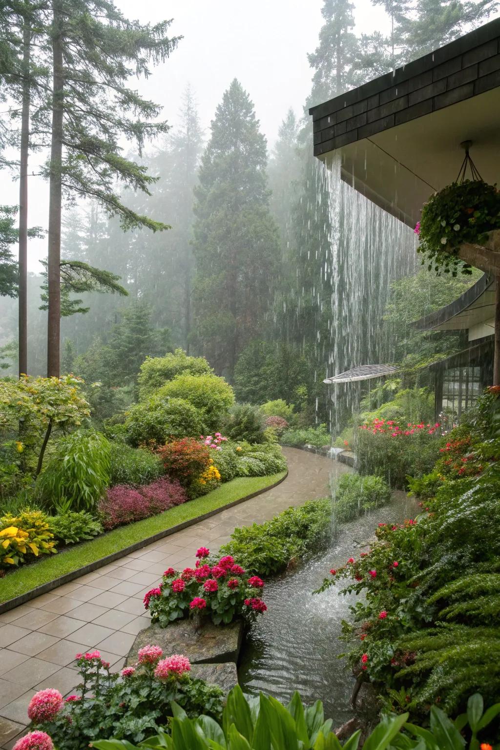 Rain curtain walls bring rainfall sounds.