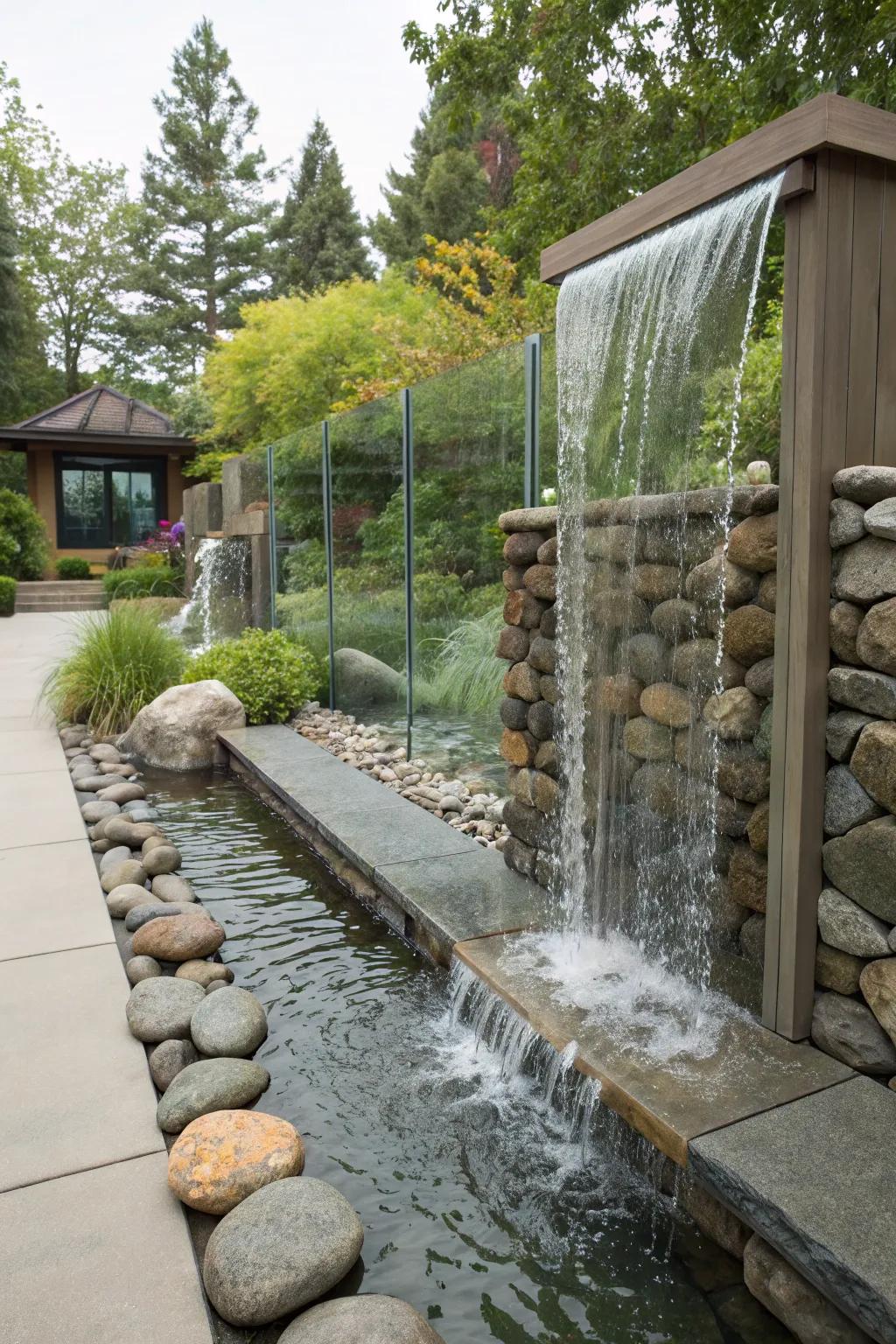 A contemporary garden waterfall blends stone and glass.