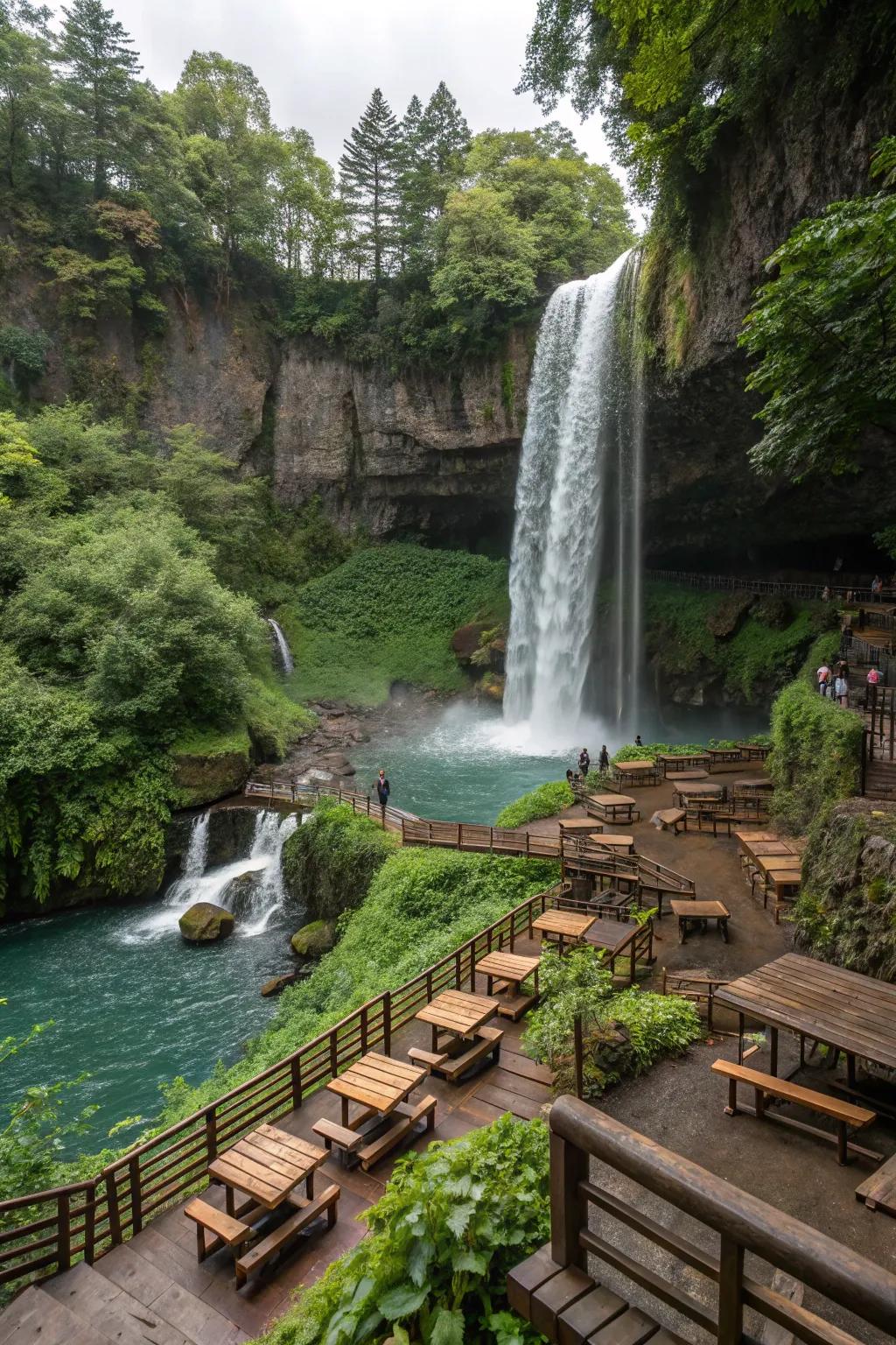 Integrated seating with a waterfall provides a perfect spot for relaxation.