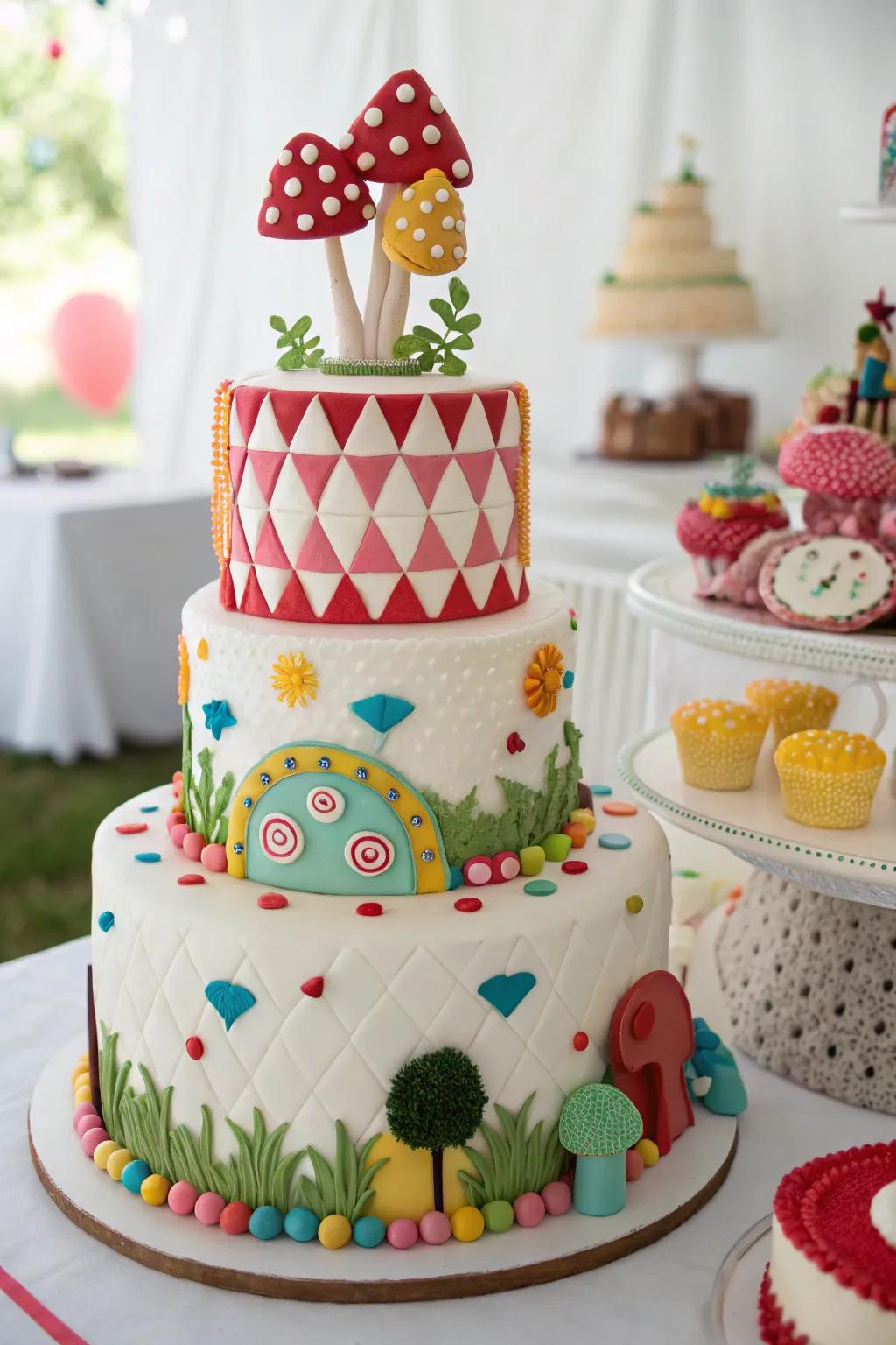 A fantastic wedding cake featuring playful designs for added fun.