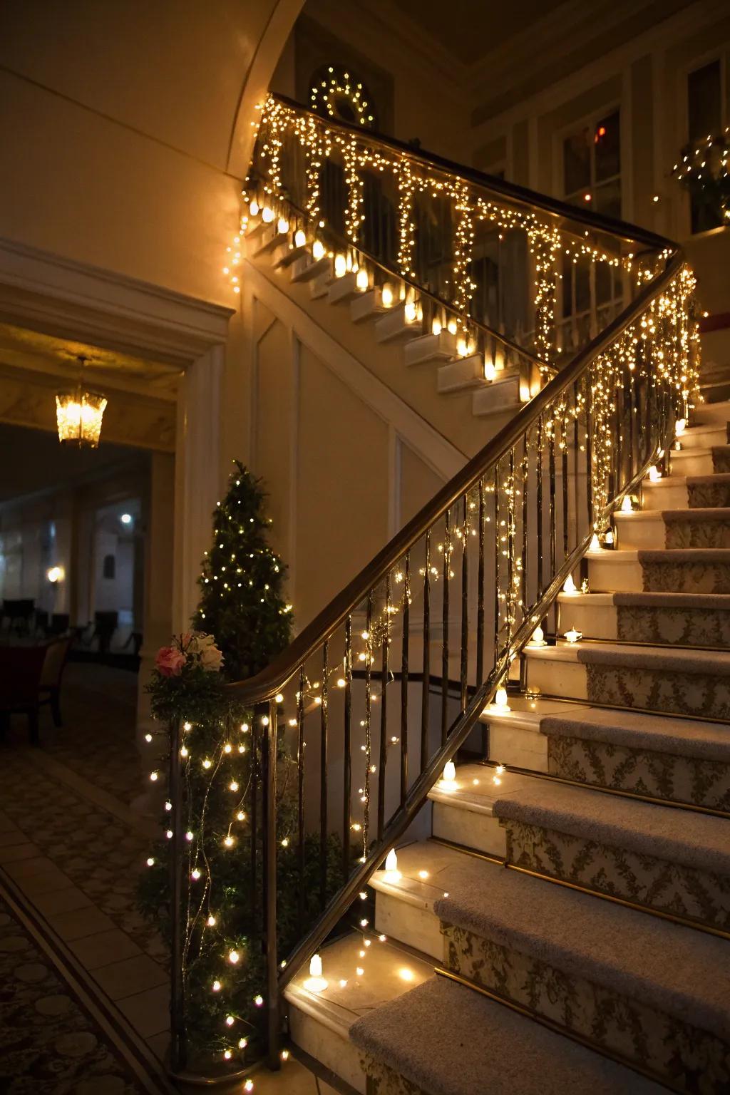 Twinkling lights turn this stairway into an enchanted dusk setting.