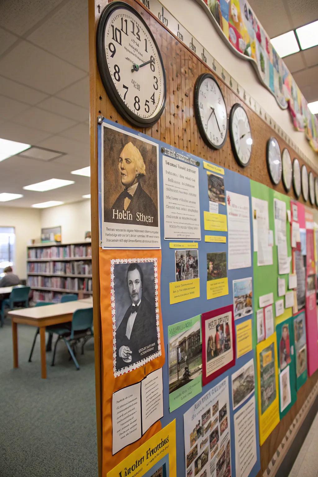 A history-themed board to intrigue students about past events and figures.