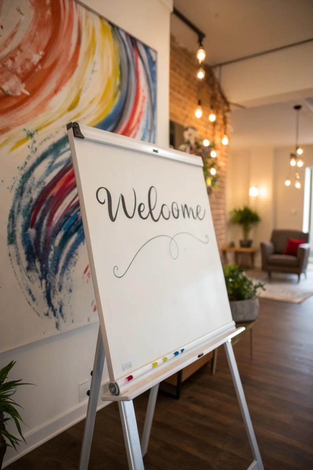 A non-figurative art canvas enhancing a magnetic writing surface welcome.