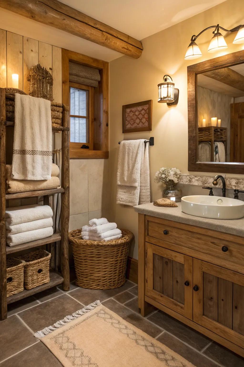 Coordinated towels and accessories establish a cohesive aesthetic.
