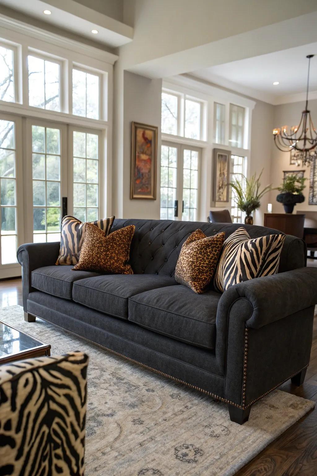 Animal print cushions introduce a daring edge to the dark grey sofa.