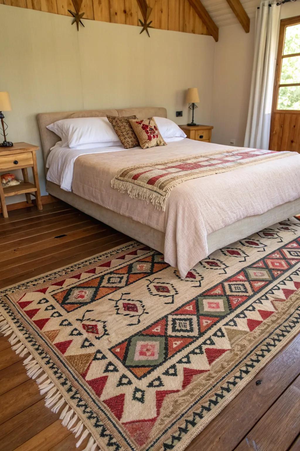 Cultural designs on the floor covering enrich the bedroom with intriguing narratives and depth.