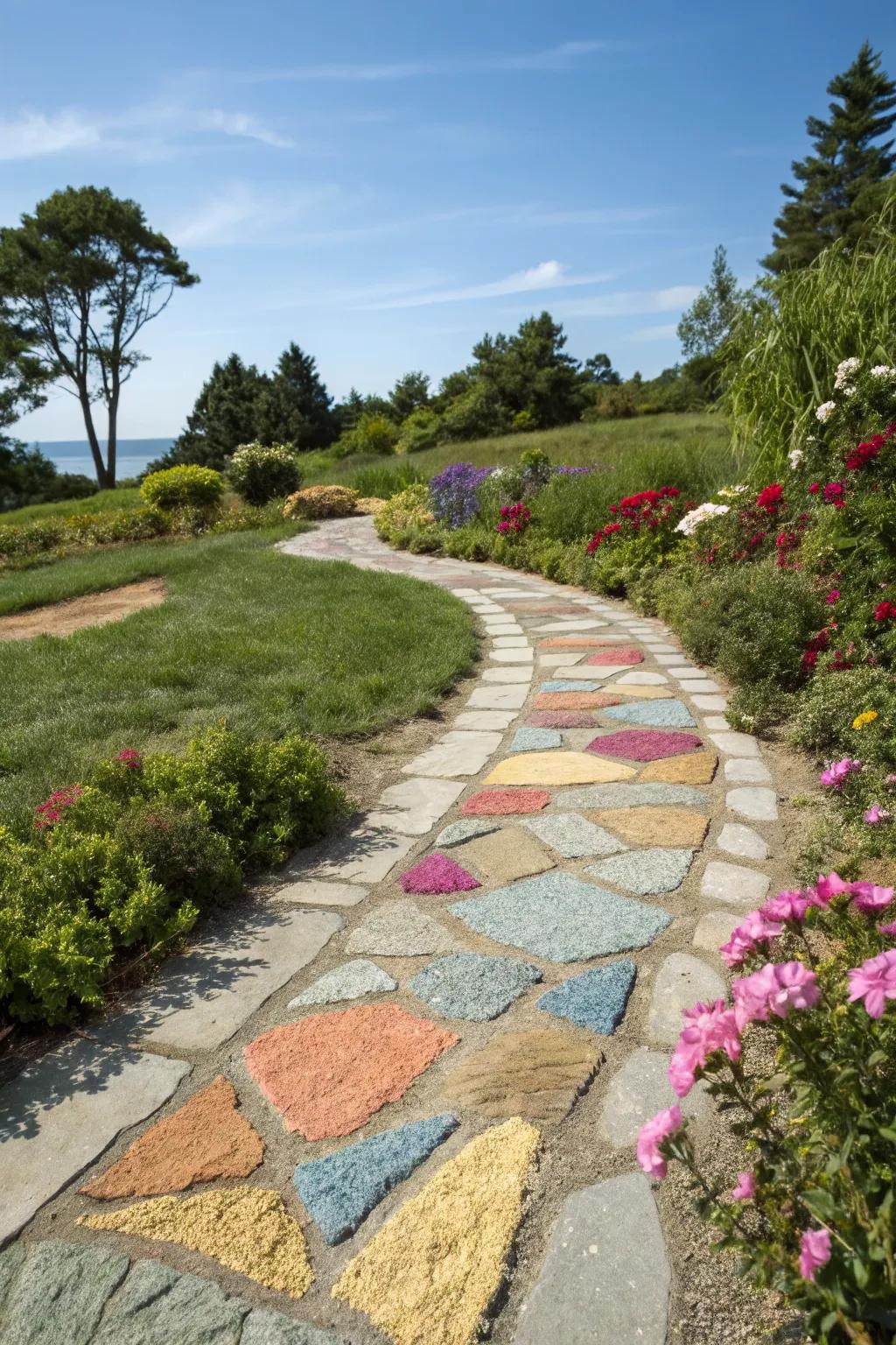 Colored granules add a playful and artistic touch to flagstone paths.