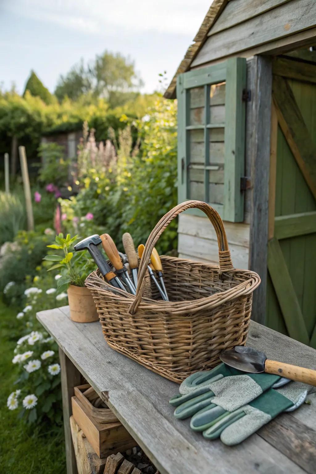 A basket of horticultural tools keeps your outdoor area coordinated and charming.