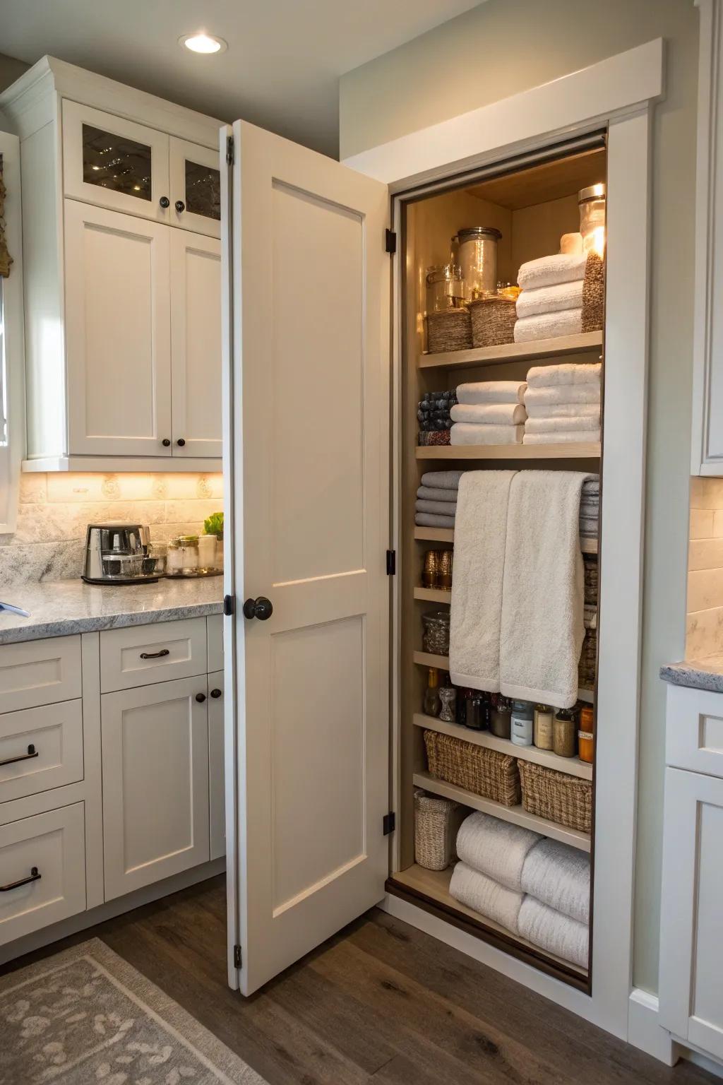 Store linens within the pantry door for a concealed and structured solution.
