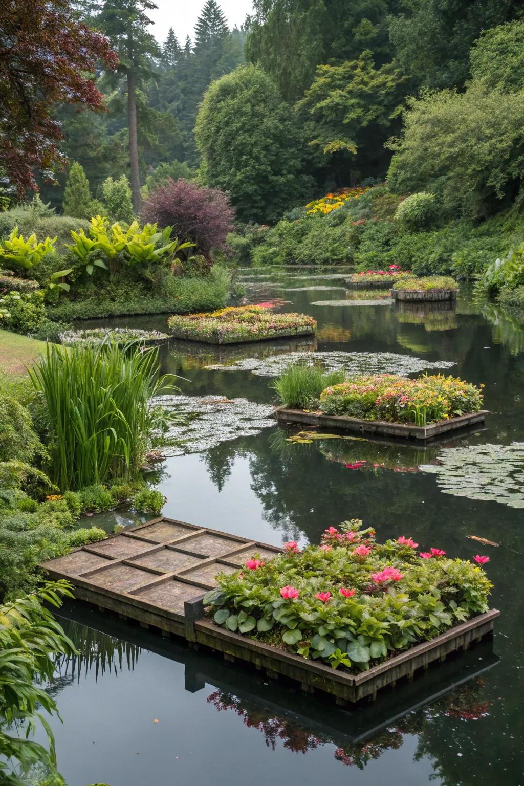Floating platforms create unique and surprising garden experiences.