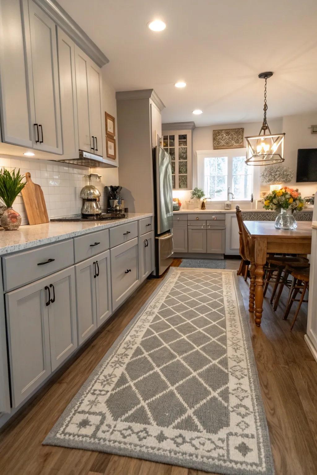 An impressive rug infuses a snug sentiment to the cooking space.