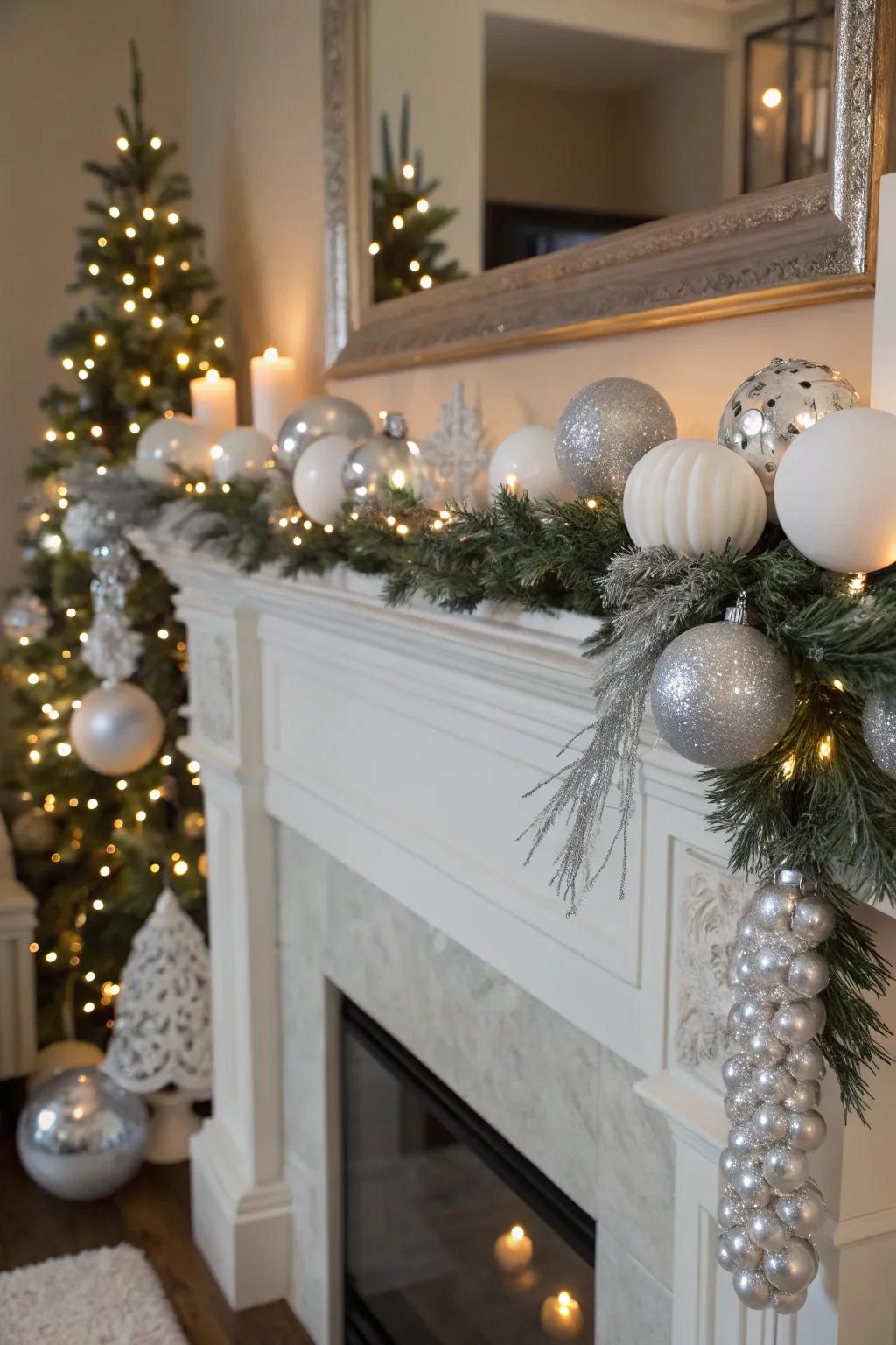 An ivory and silver mantel offers a chic and glistening centerpiece.