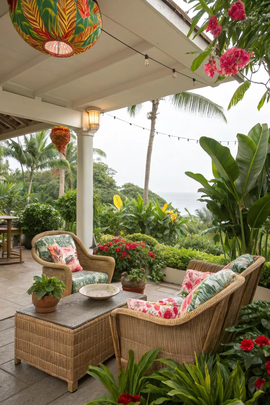 Escaping to a tropical oasis via vibrant wicker patio blueprint.