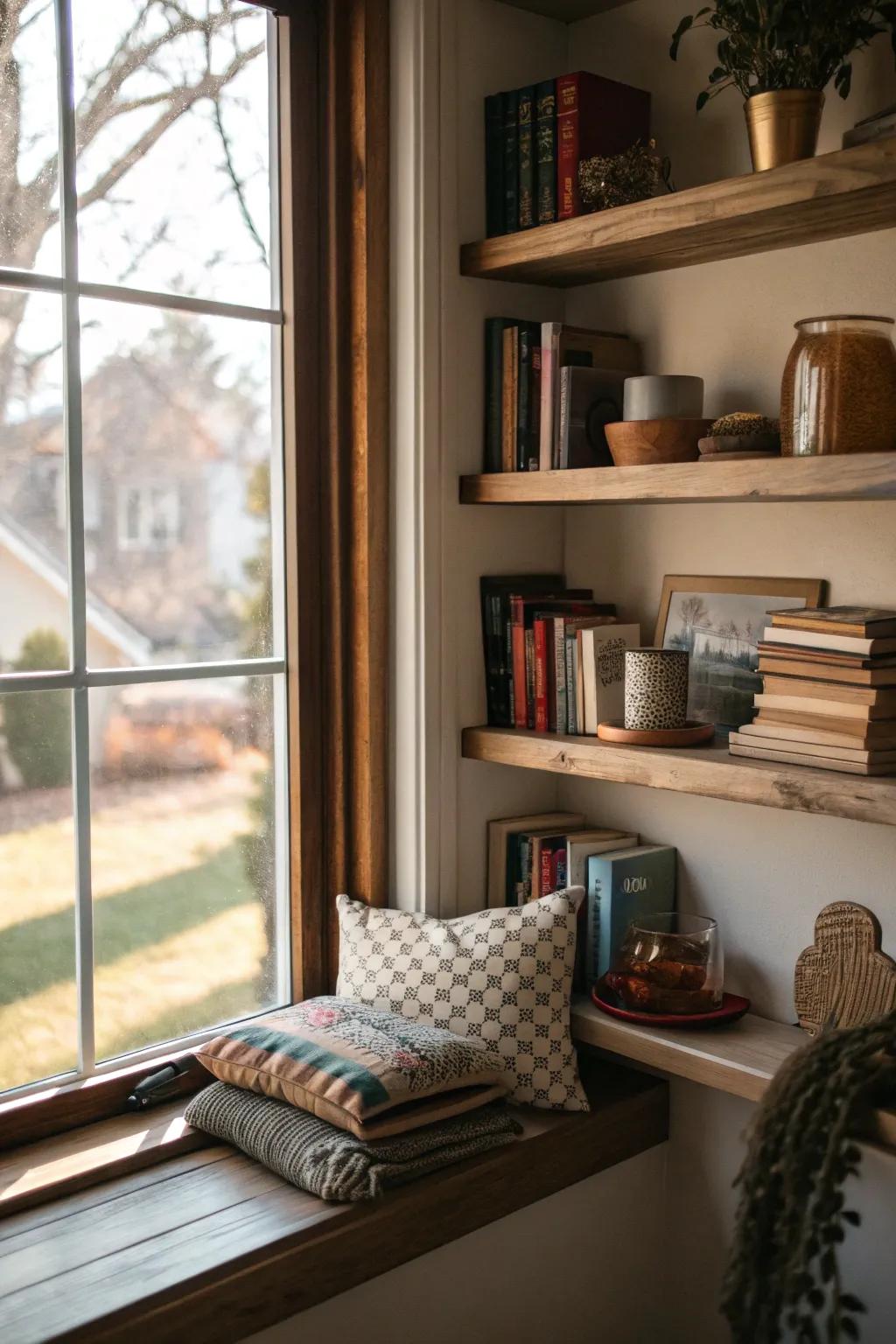 Suspended shelves impart both functional capabilities and aesthetic appeal to your window corner.