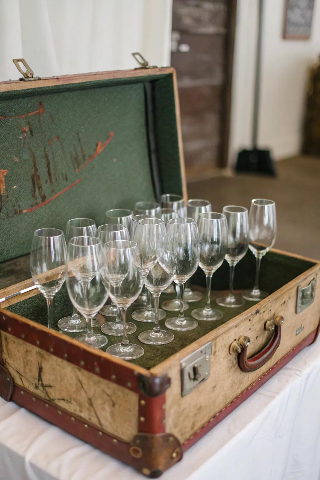 An antique travelbag injecting charm into wine glass display.