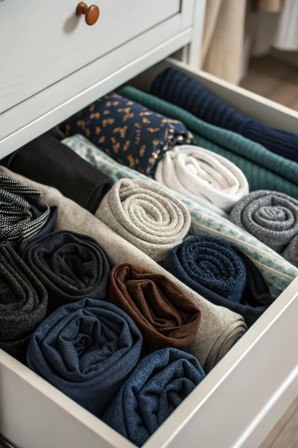 Fold and roll clothes for streamlined storage.