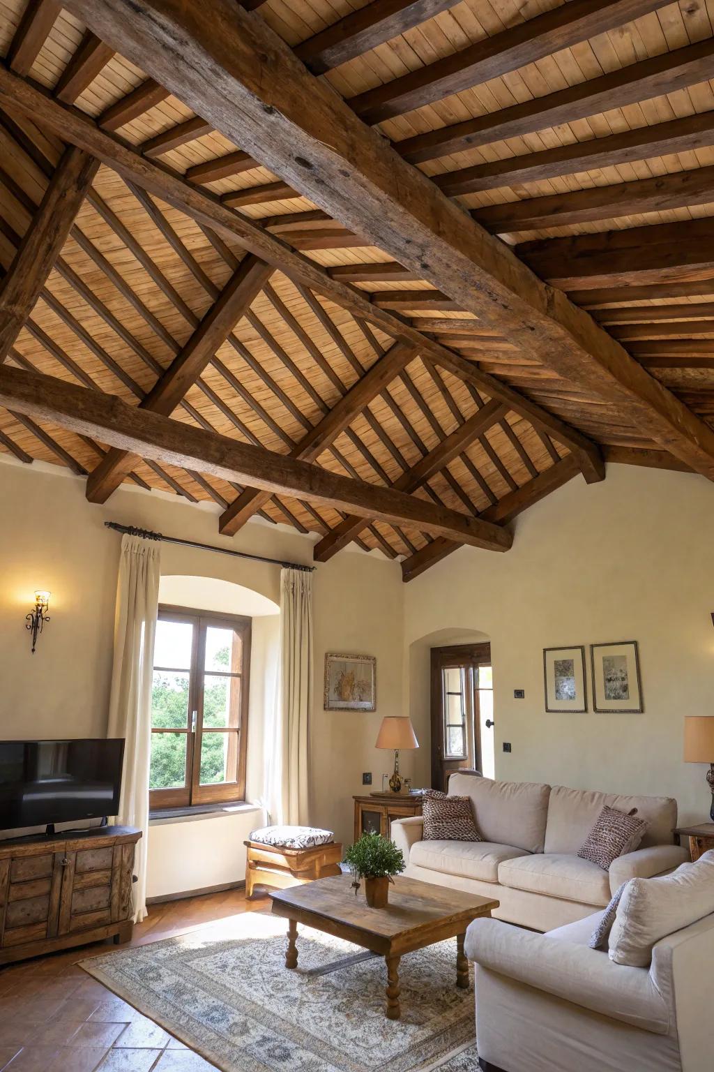 Artistic ceiling pattern fashioned with timber supports.