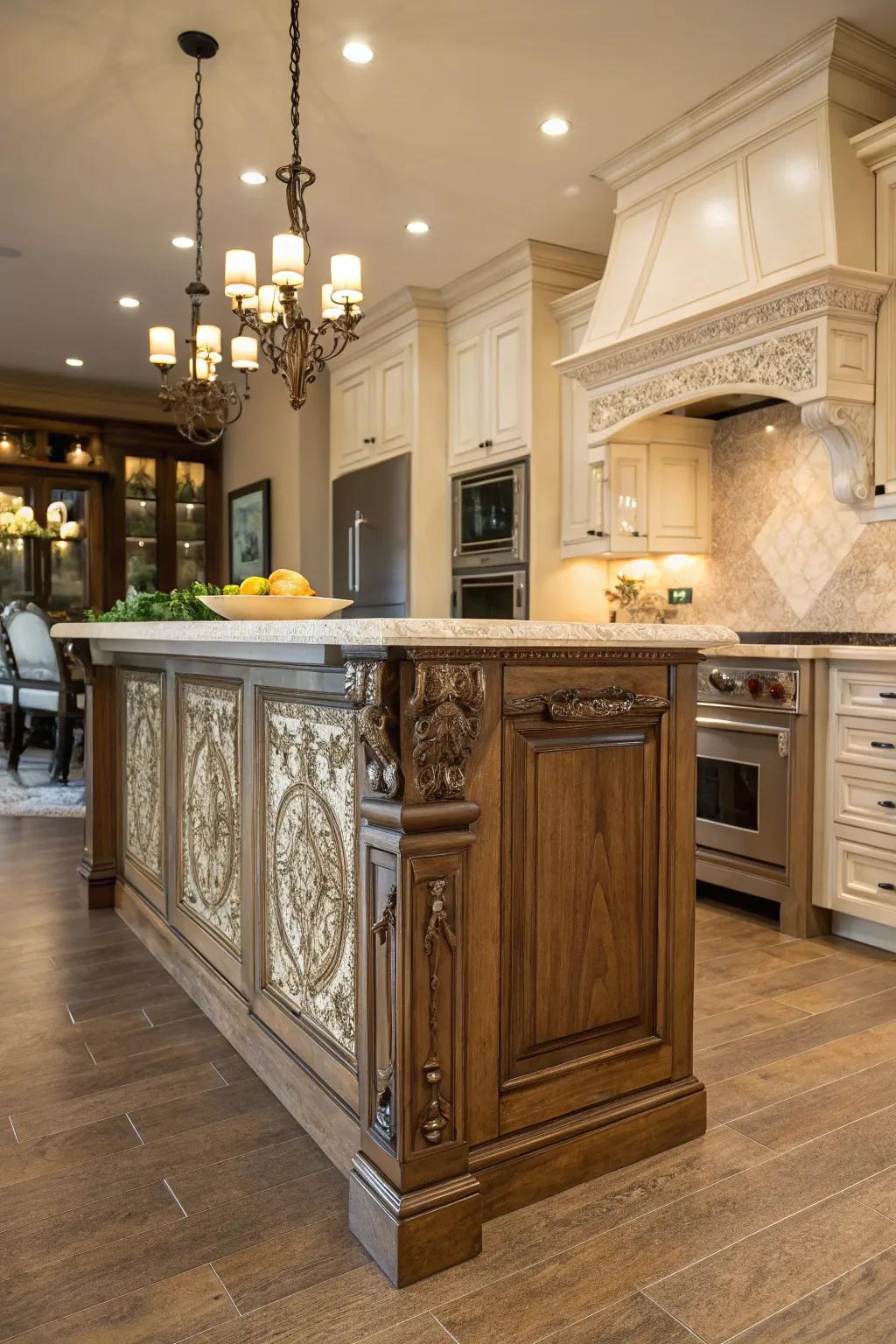 This island serves as both an artistic focal point in the kitchen.
