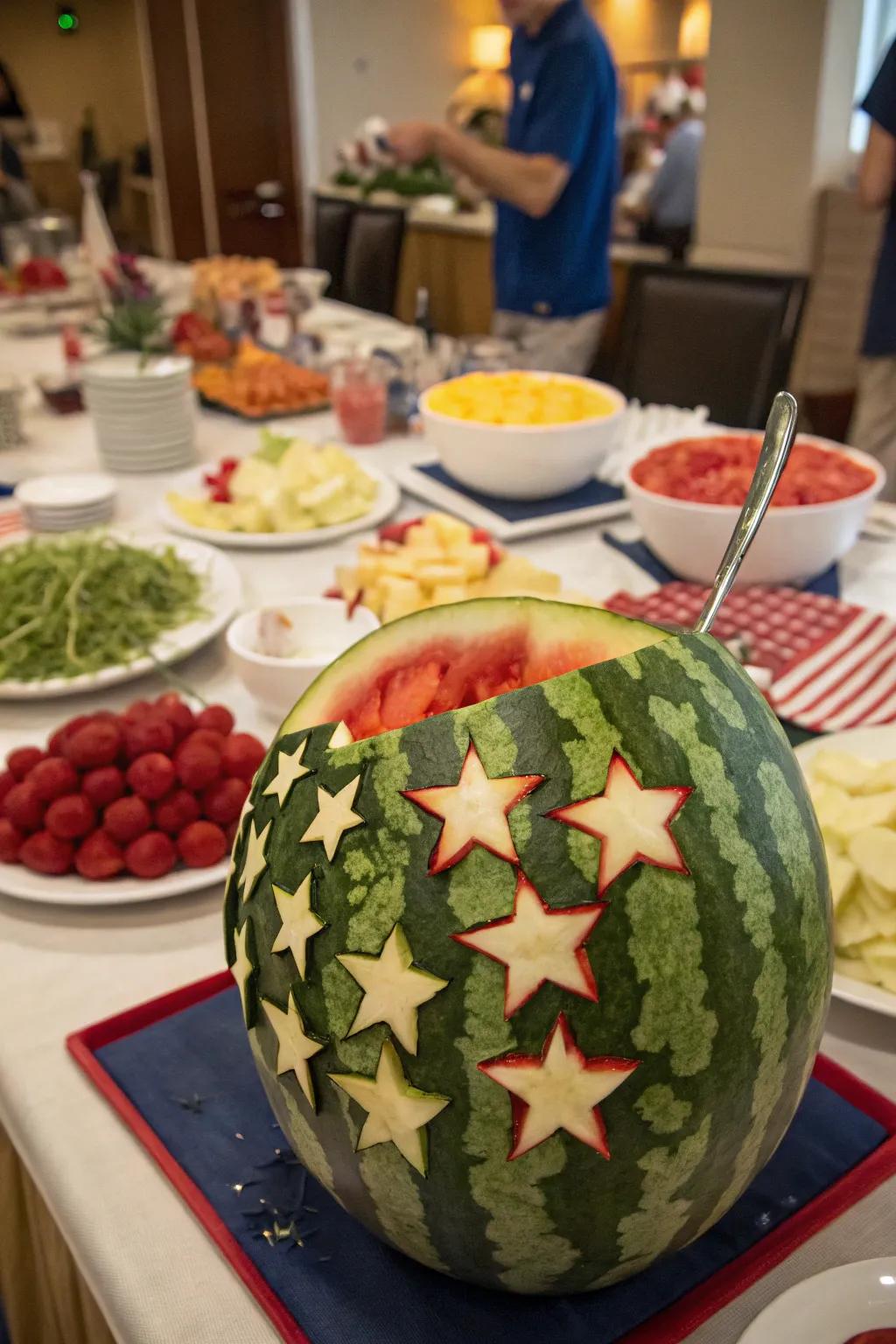 A sculpted melon centerpiece revitalizes and delights visitors.