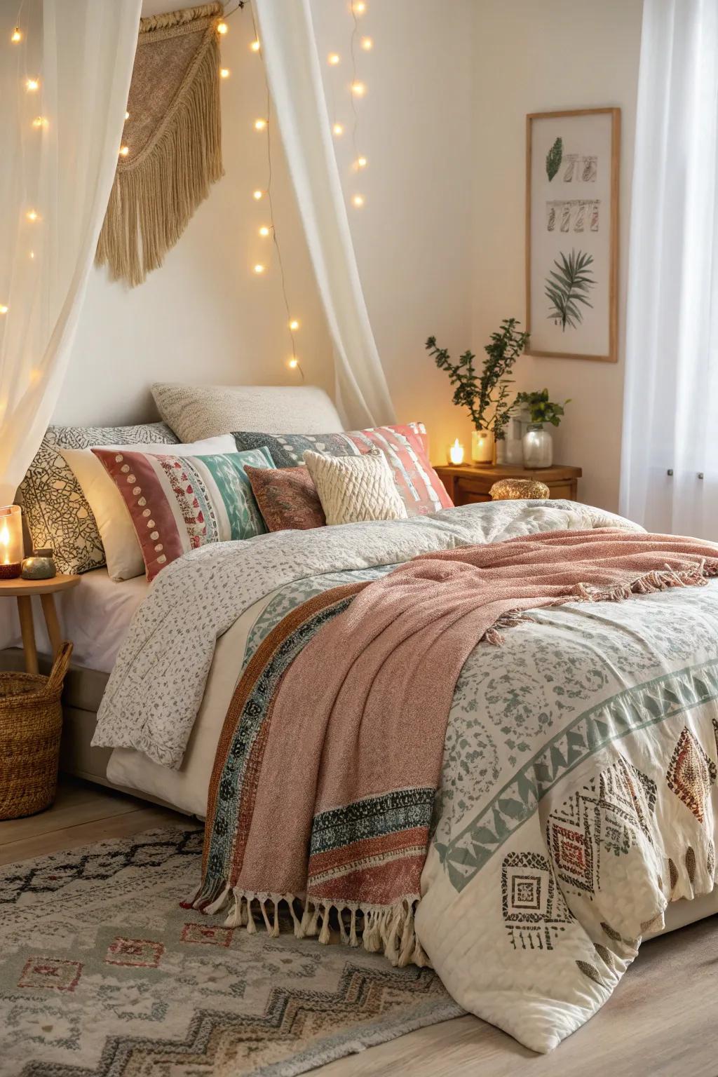 Layered bedding adds depth, visual interest, and comfort to the room.