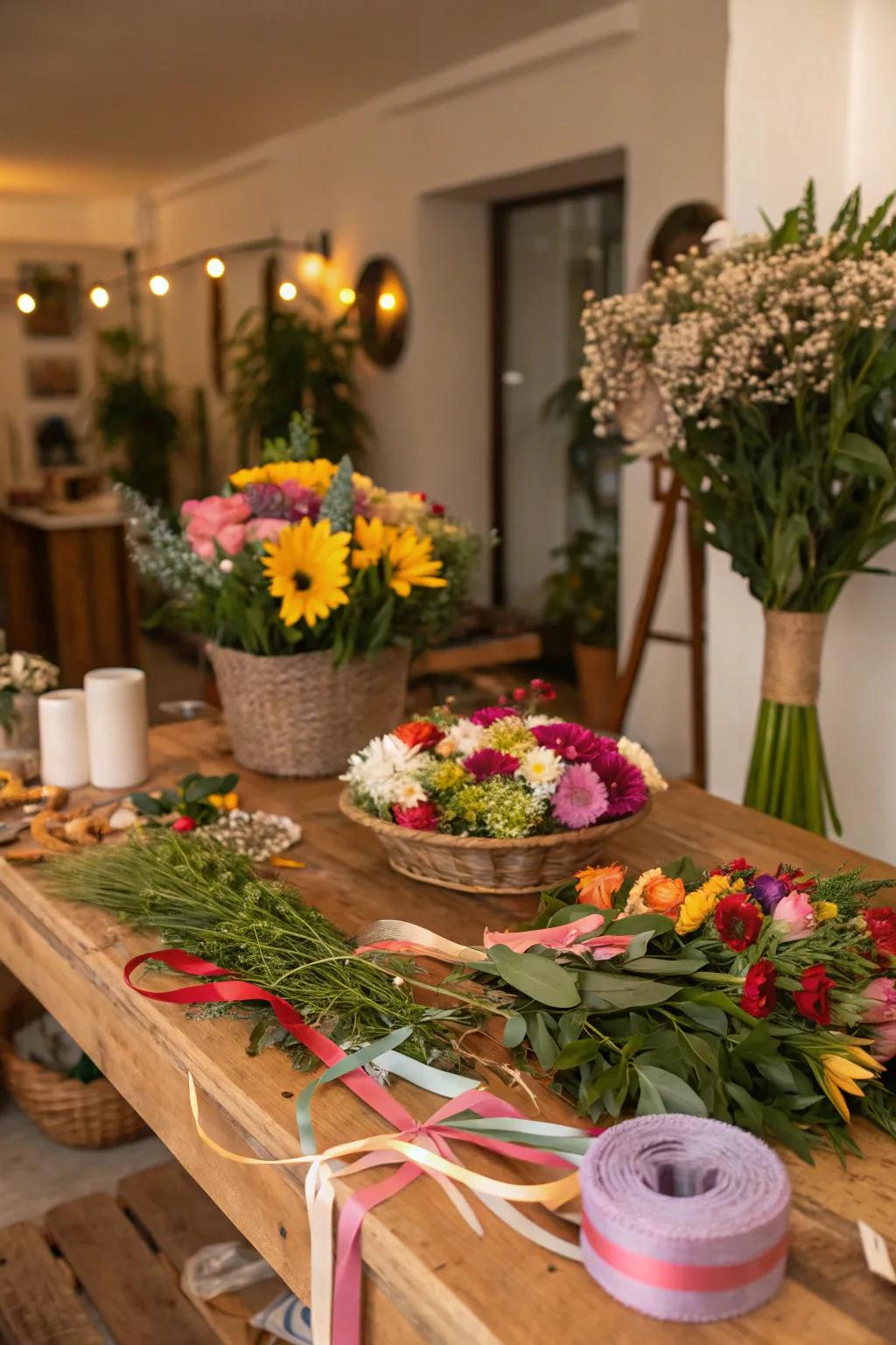 Attendees generate whimsical floral headpieces at the garden festivity.