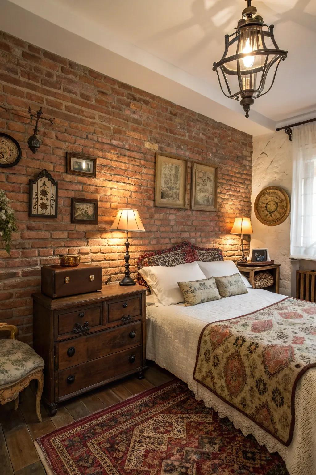 A brick feature wall introduces vintage charm and coziness to the bedroom.