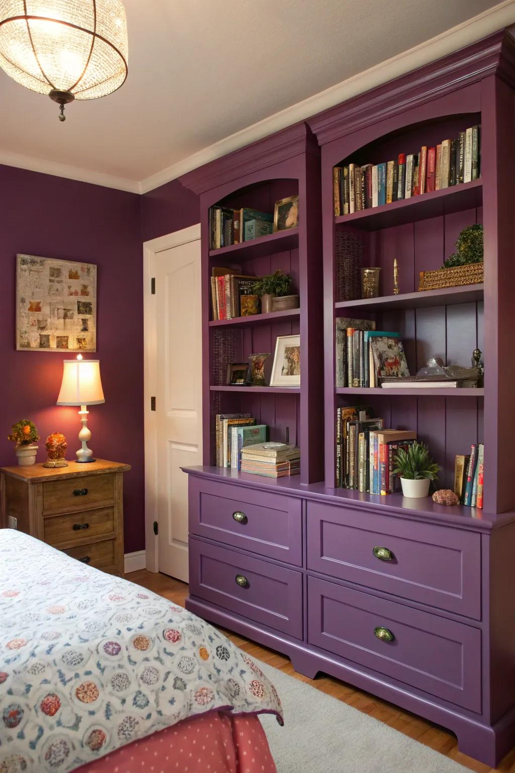 Add a pop of color with amethyst bookshelves.