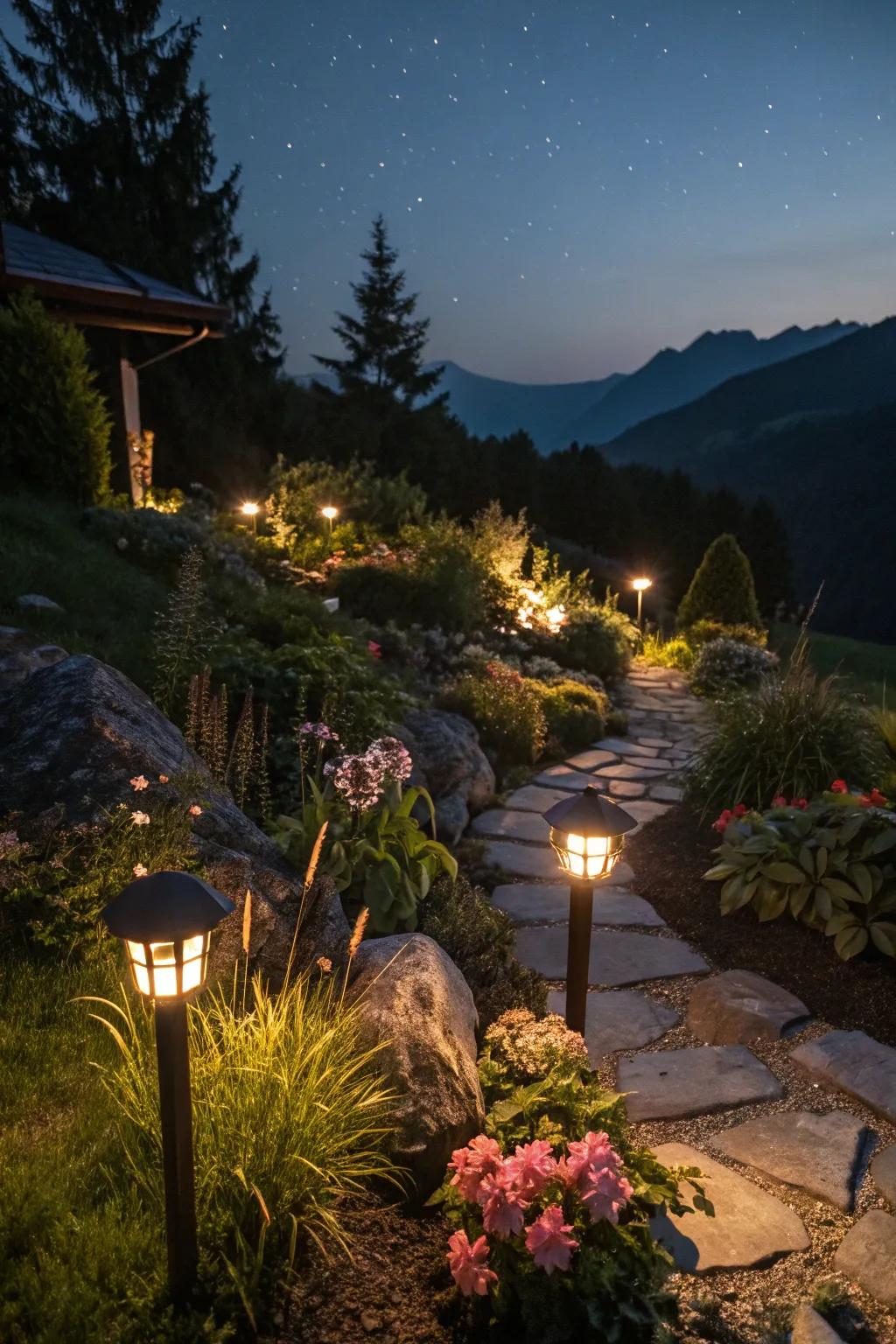 An enchanting alpine garden bathed in soft lighting.