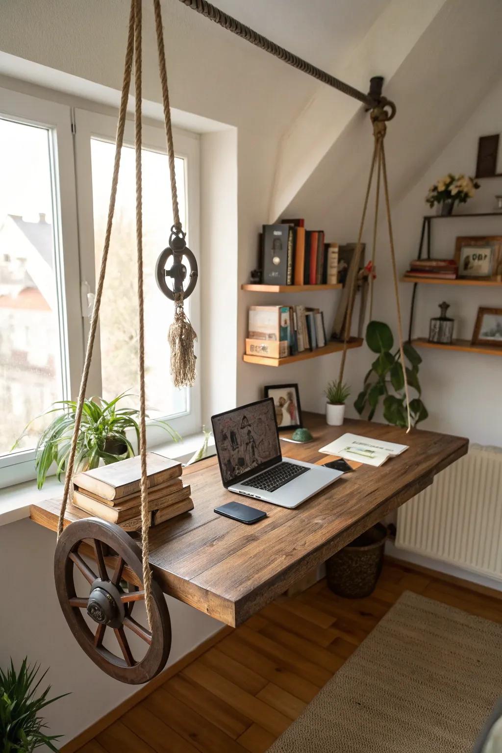 A floating workspace infuses innovation and style into compact living.