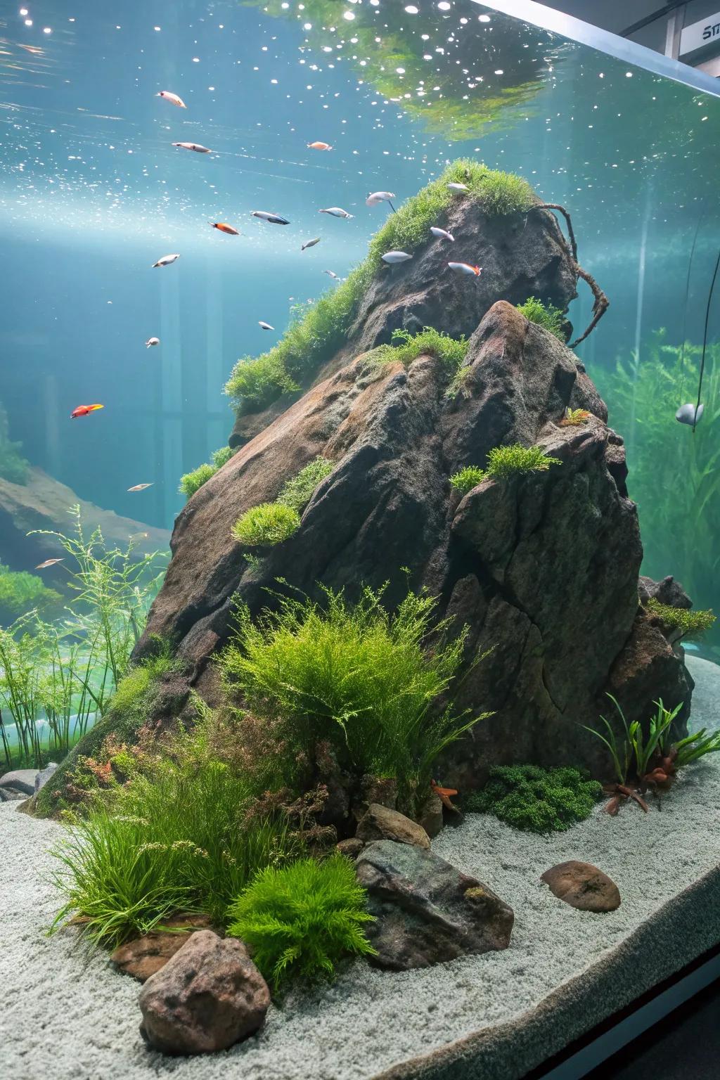 A stony island scene evokes solitude and serenity within this aquascape.