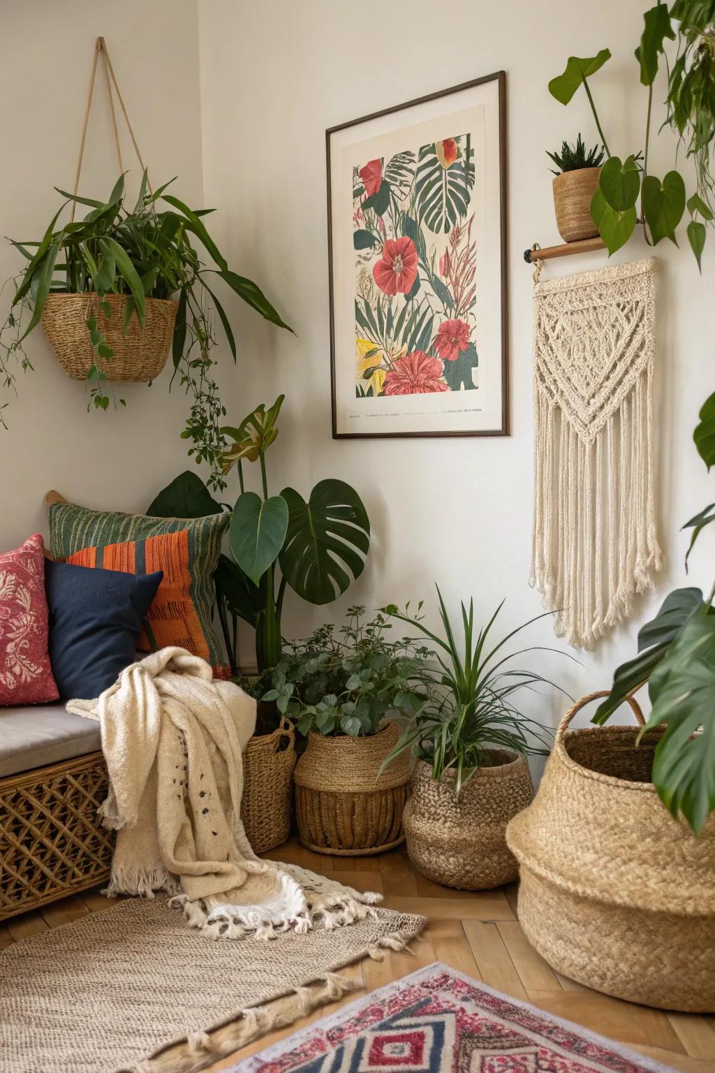 Art prints coordinated with natural components, culminating in an organic presentation.