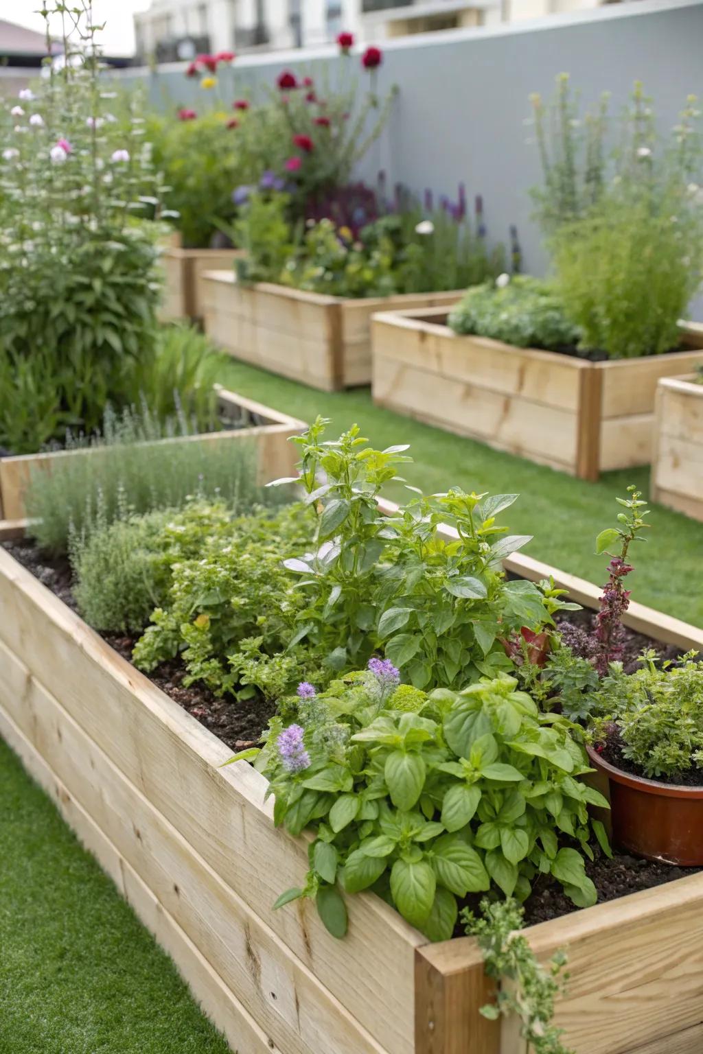 A rich herb garden bordered by lively synthetic turf.