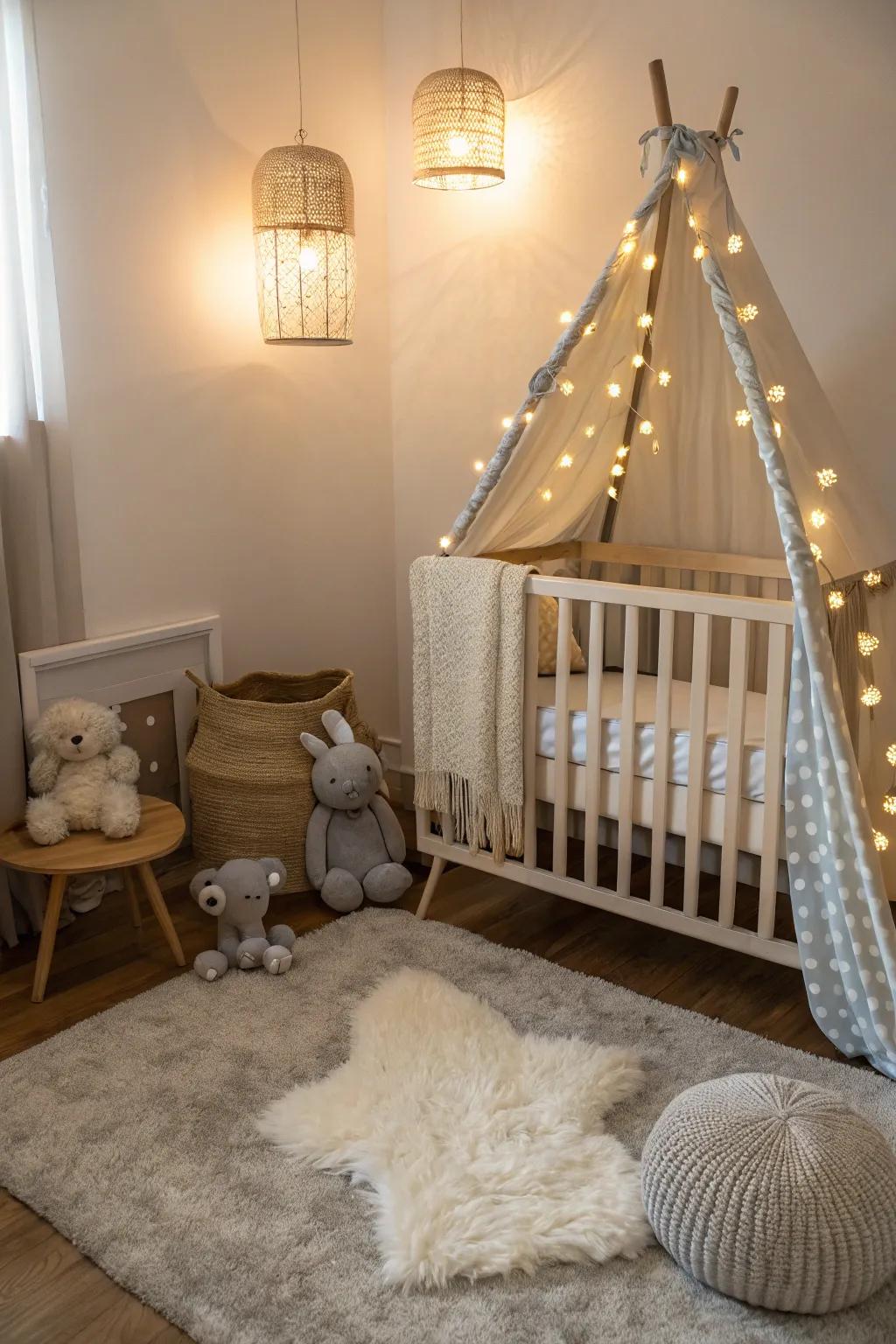 Gentle lighting enhances the cozy and calming atmosphere of a nursery space.