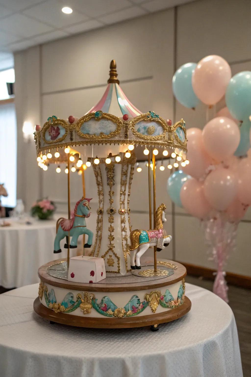 A miniature carousel affixes nostalgia and playfulness.