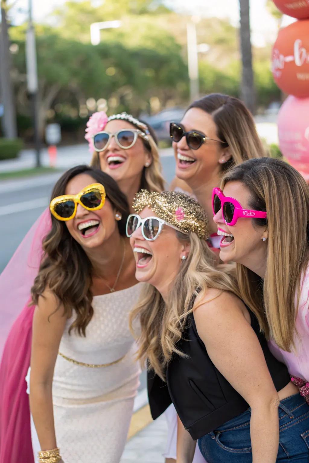 A group of women in stylish party eye protectors.