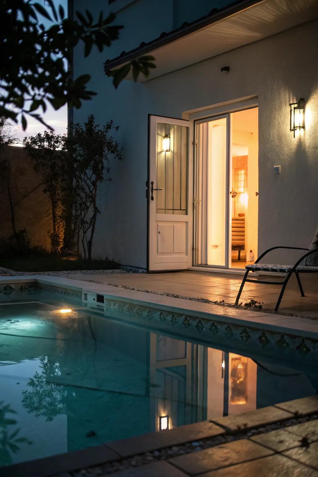 Reflective pool illumination introduces elegance and ambiance to the area.