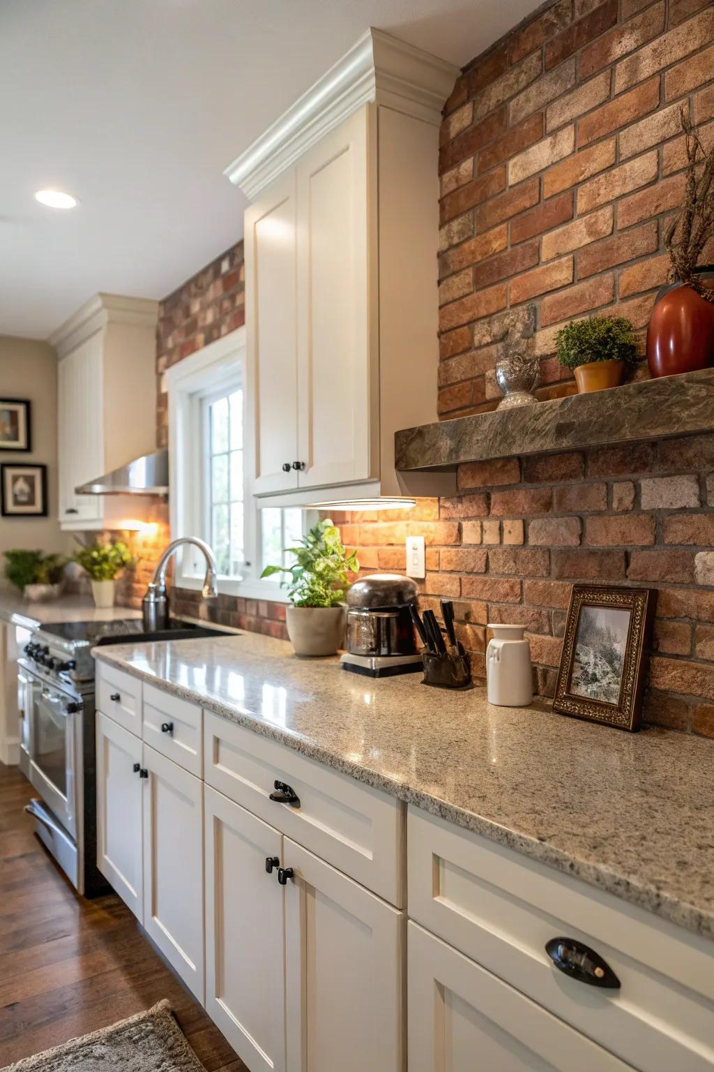 Brick backsplash contributes rustic charm to granite countertops.