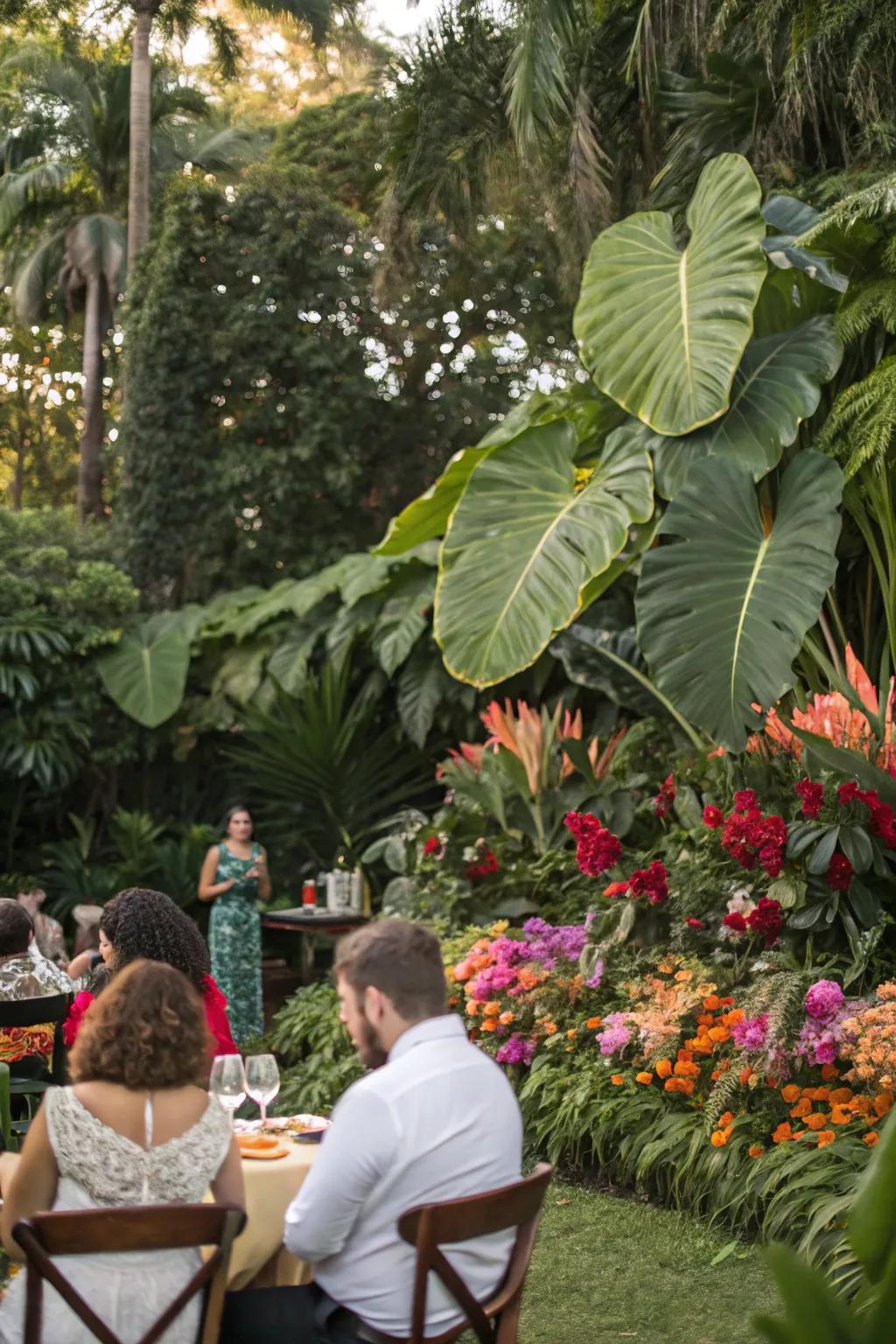 A tropical plant life backdrop adds an exotic touch to the garden party.
