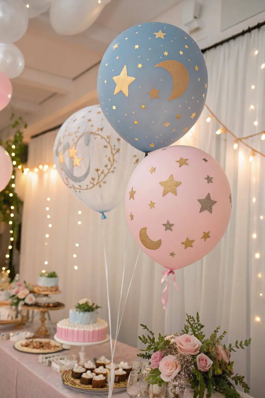 A heavenly balloon design introduces a dreamy, otherworldly touch.